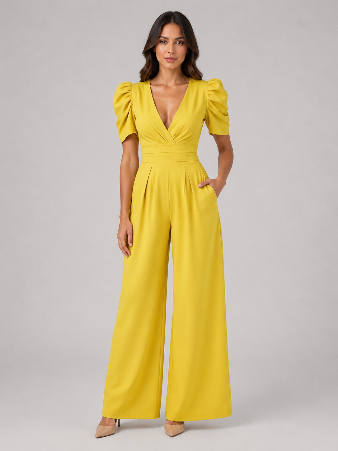 Puff Sleeve Wide Leg Women's Jumpsuit