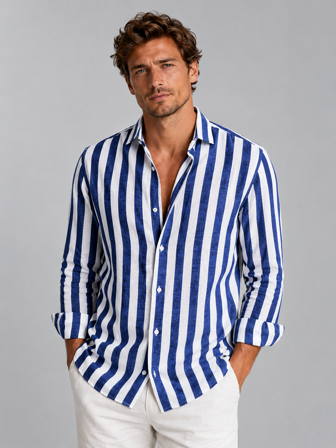 Striped Linen Look Relaxed Men's Shirt