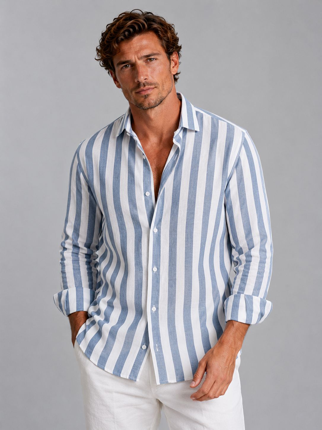 Striped Linen Look Relaxed Men's Shirt