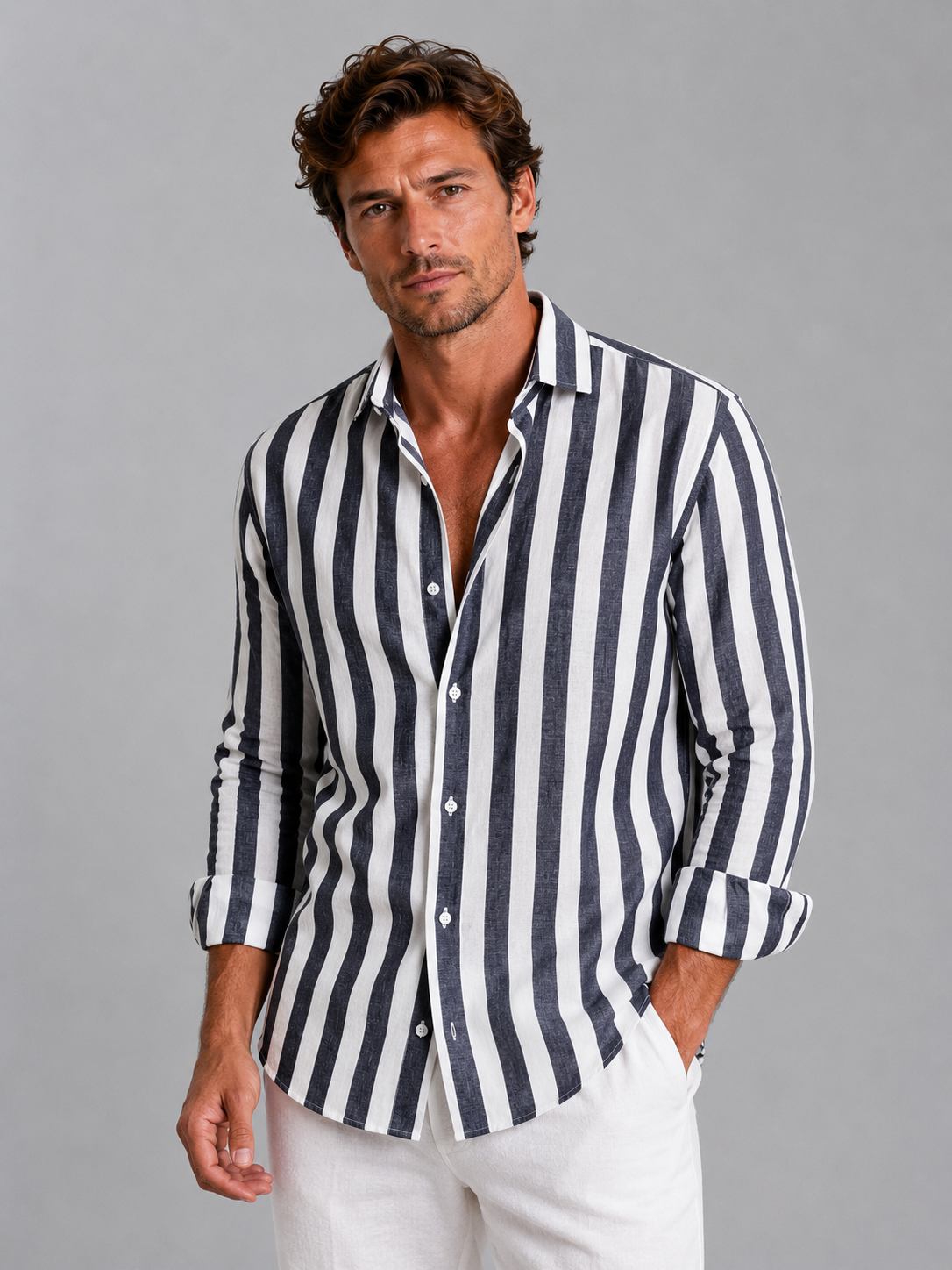 Striped Linen Look Relaxed Men's Shirt