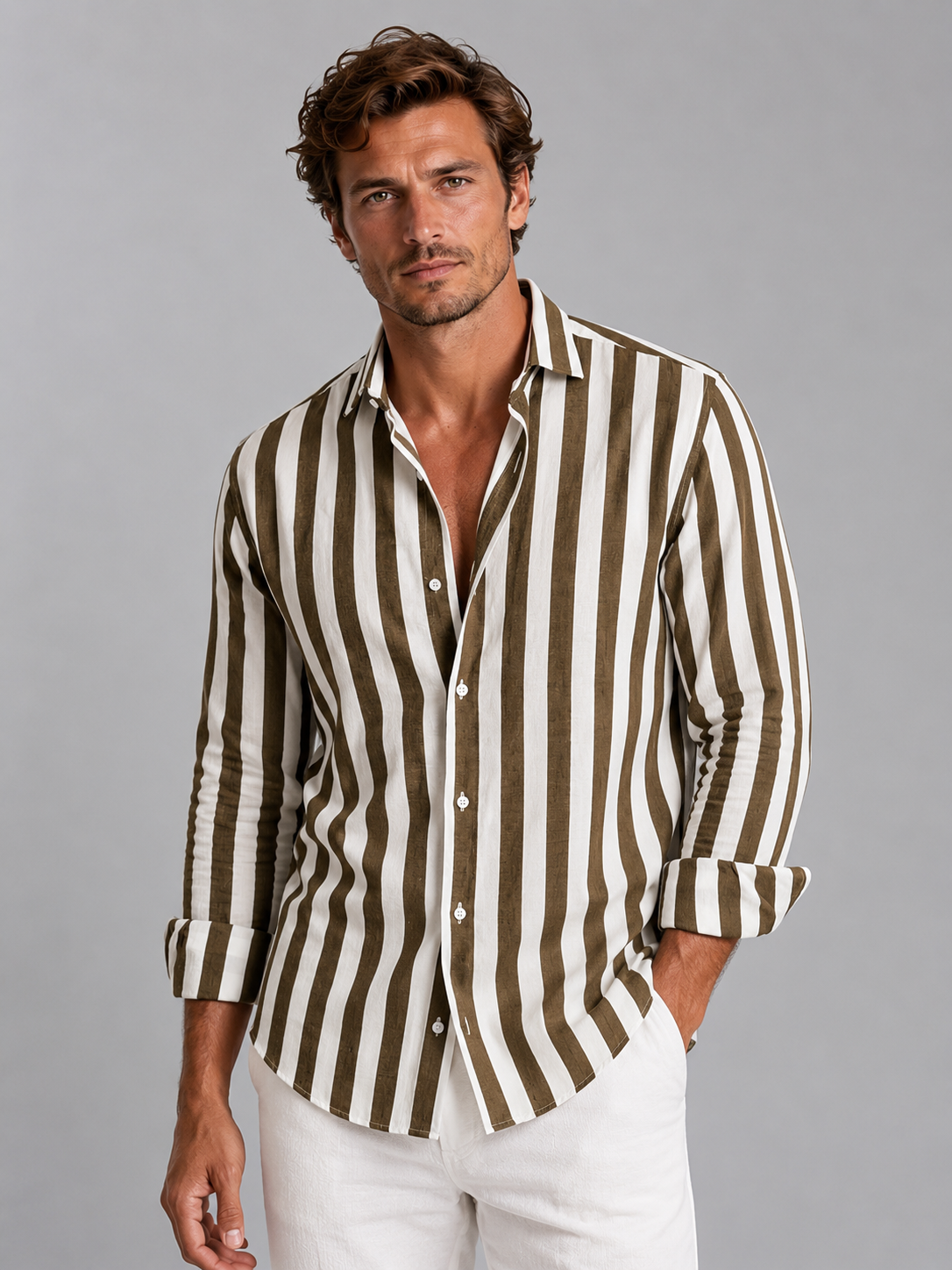 Striped Linen Look Relaxed Men's Shirt