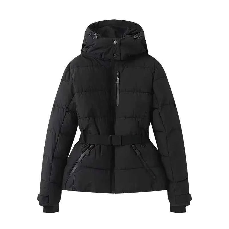 Women's Winter Hooded Padded Parka Ski Jacket with Belt