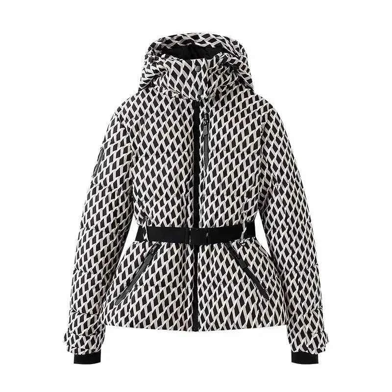 Women's Winter Hooded Padded Parka Ski Jacket with Belt