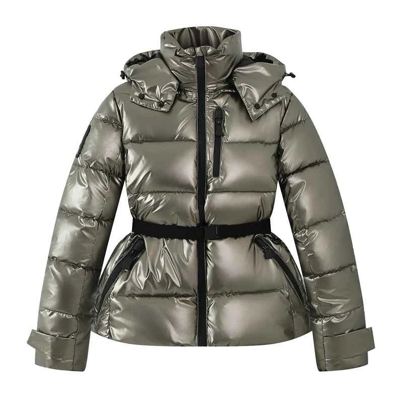 Women's Winter Hooded Padded Parka Ski Jacket with Belt