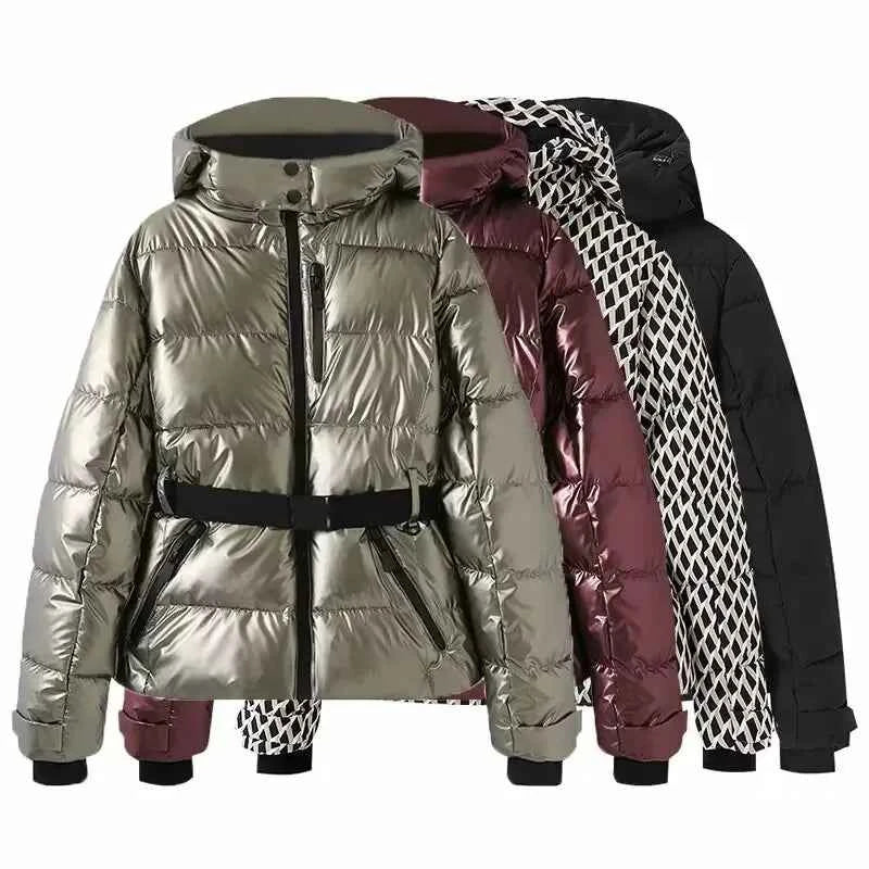 Women's Winter Hooded Padded Parka Ski Jacket with Belt