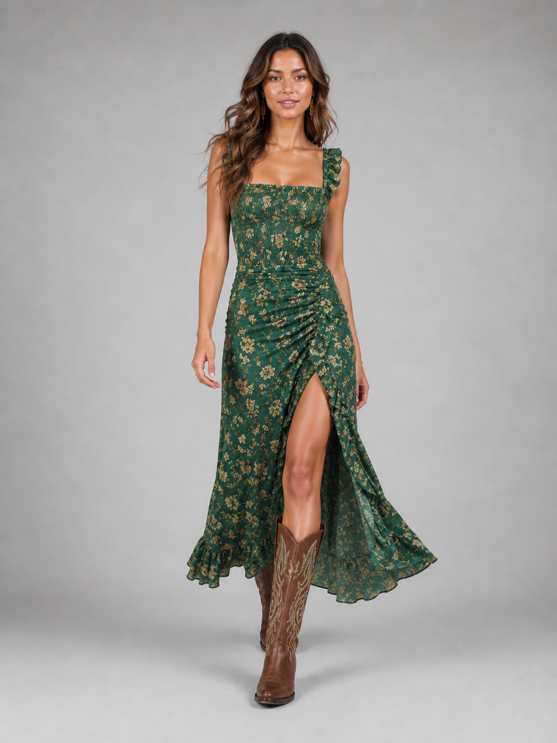 Boho Floral Side Slit Women's Maxi Dress