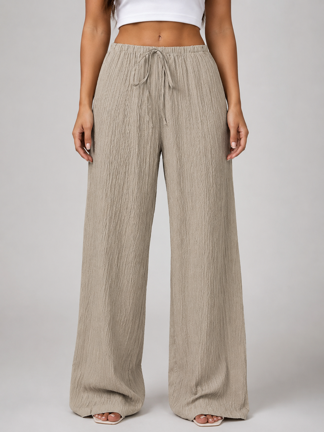 Crinkle Wide Leg Drawstring Women's Trousers
