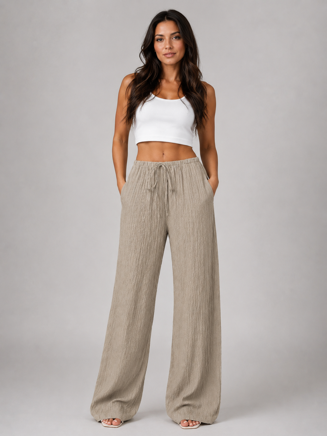 Crinkle Wide Leg Drawstring Women's Trousers