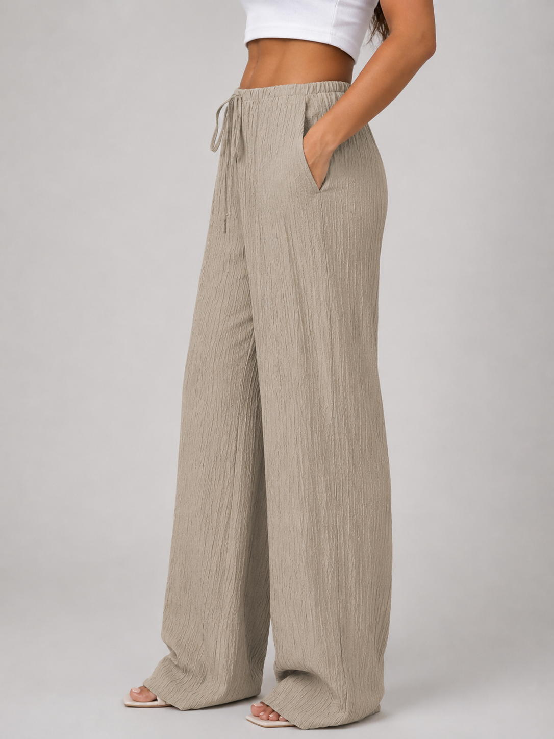 Crinkle Wide Leg Drawstring Women's Trousers