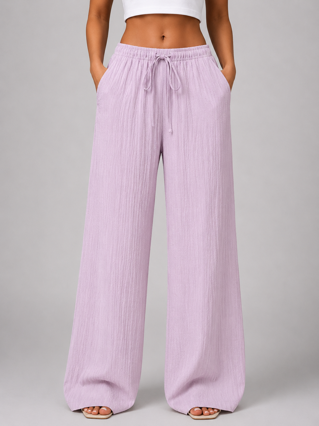 Crinkle Wide Leg Drawstring Women's Trousers