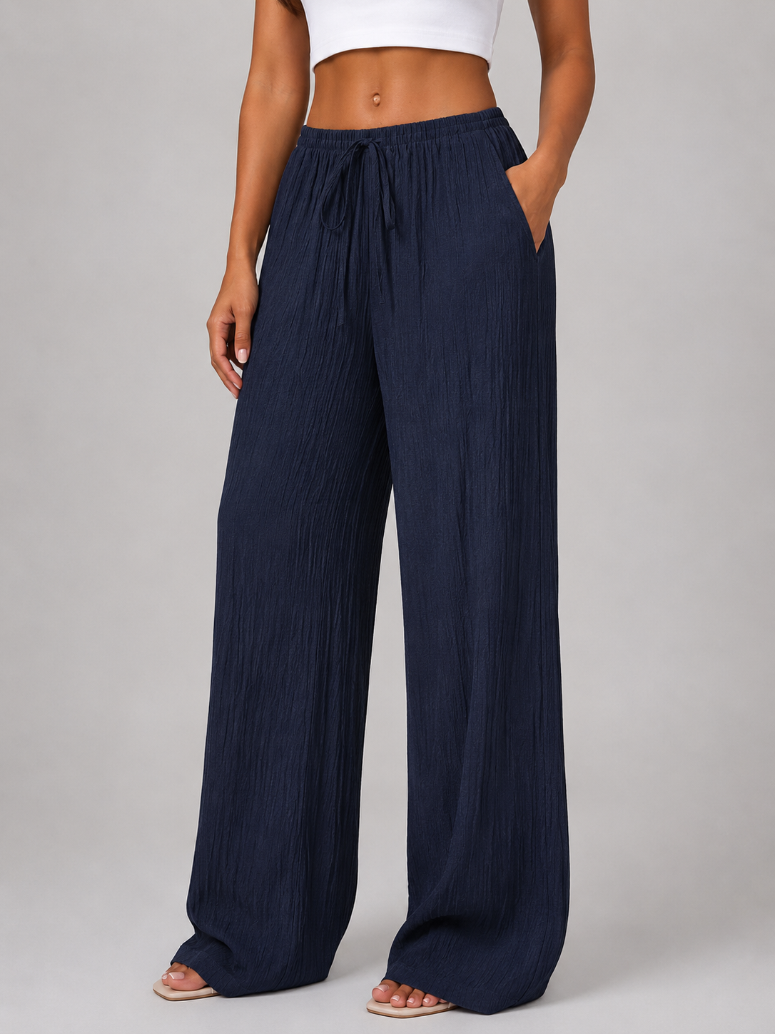 Crinkle Wide Leg Drawstring Women's Trousers