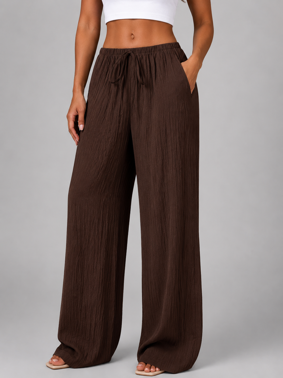 Crinkle Wide Leg Drawstring Women's Trousers