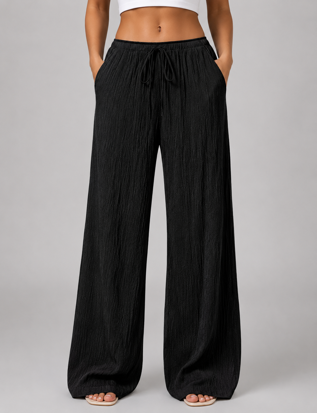 Crinkle Wide Leg Drawstring Women's Trousers
