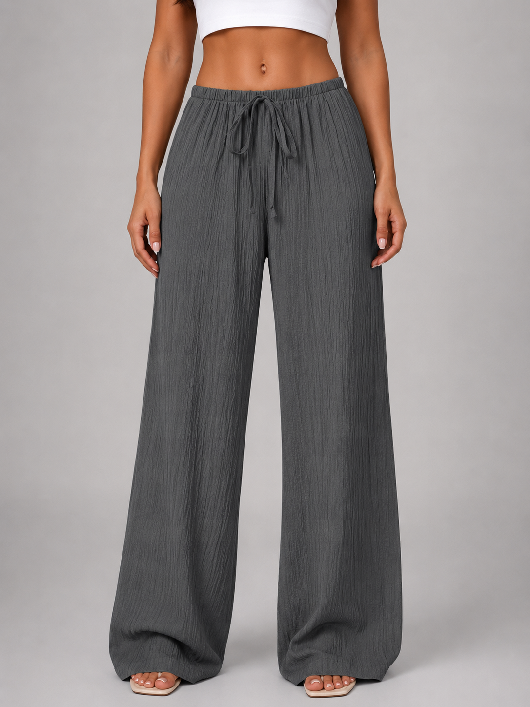 Crinkle Wide Leg Drawstring Women's Trousers