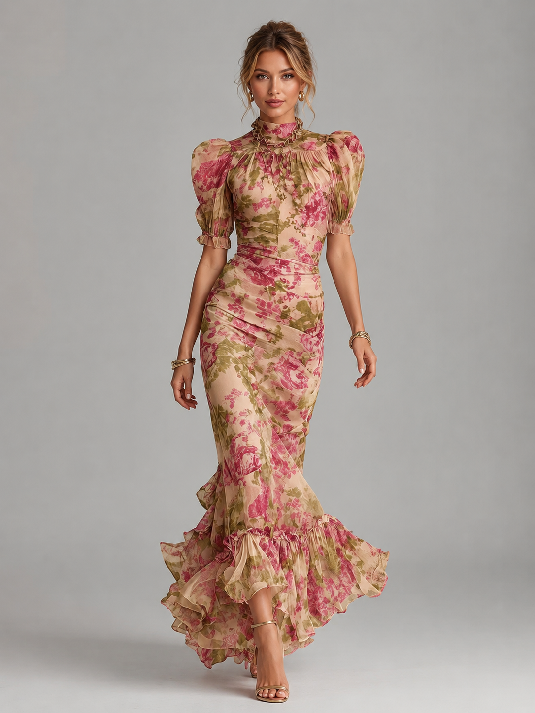 Floral Chiffon Puff Sleeve Women's Maxi Dress
