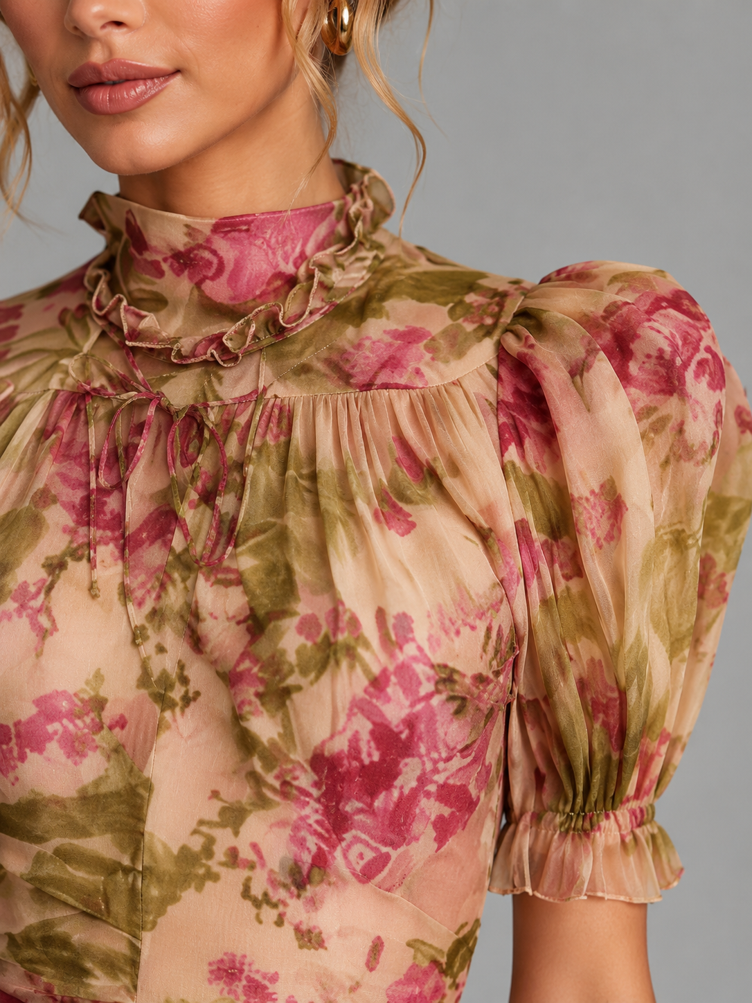 Floral Chiffon Puff Sleeve Women's Maxi Dress