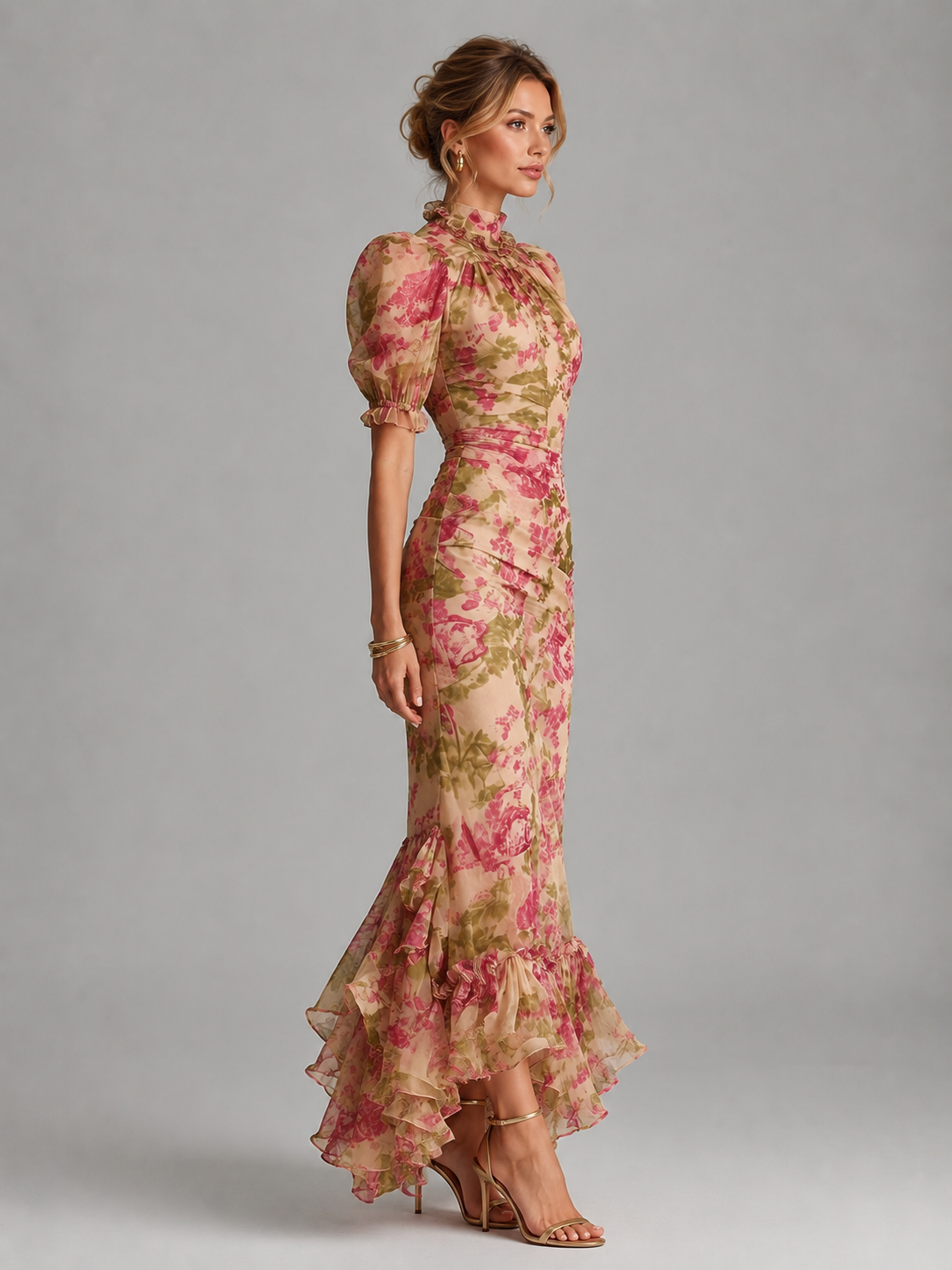 Floral Chiffon Puff Sleeve Women's Maxi Dress