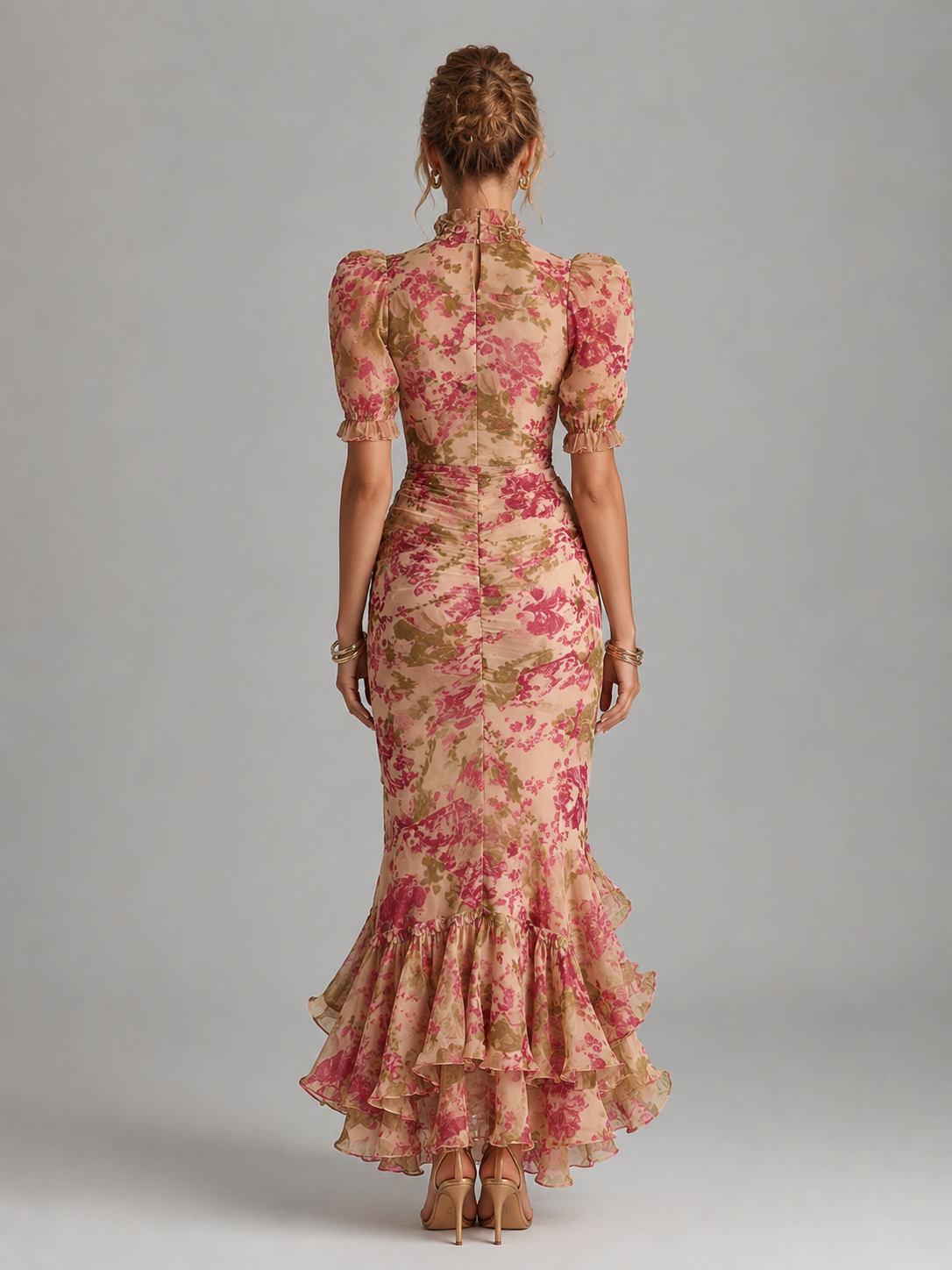 Floral Chiffon Puff Sleeve Women's Maxi Dress