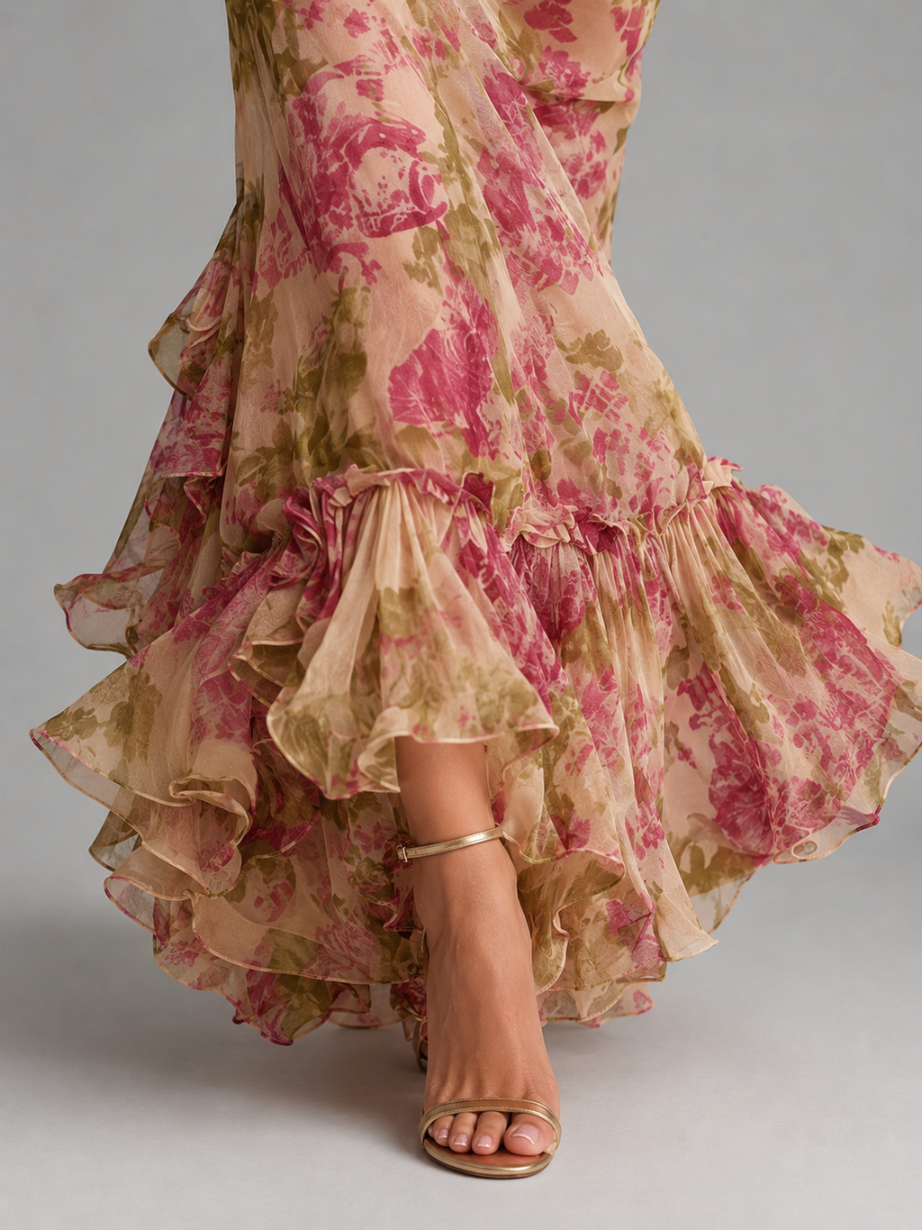 Floral Chiffon Puff Sleeve Women's Maxi Dress