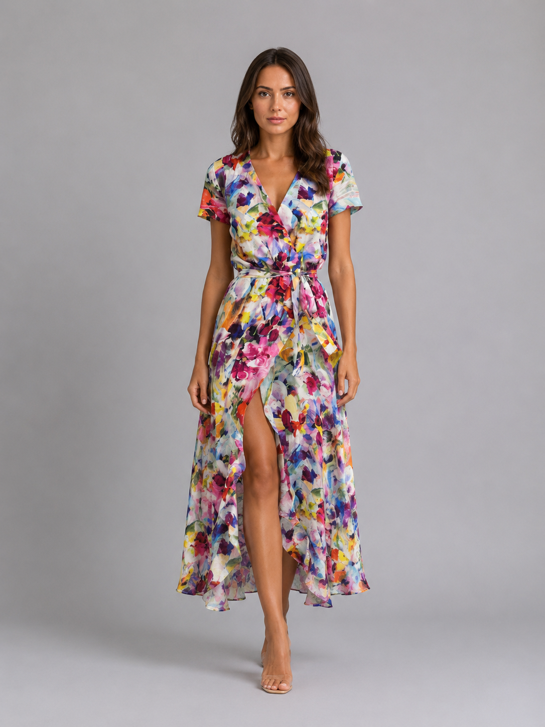 Floral Tie Waist Women's Wrap Midi Dress