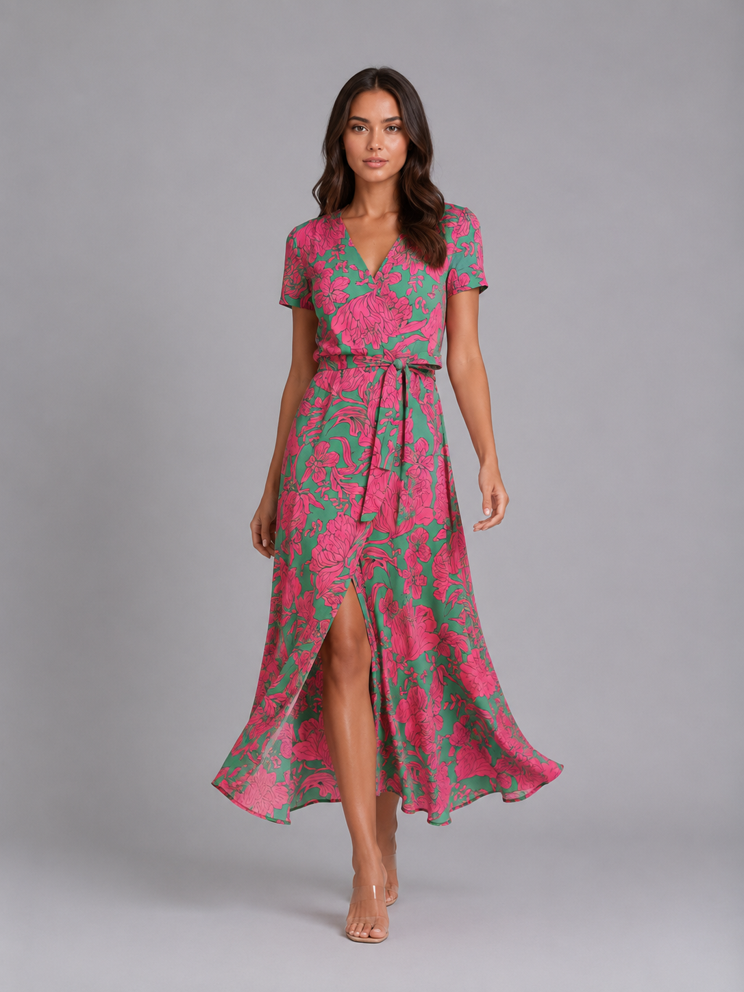 Floral Tie Waist Women's Wrap Midi Dress