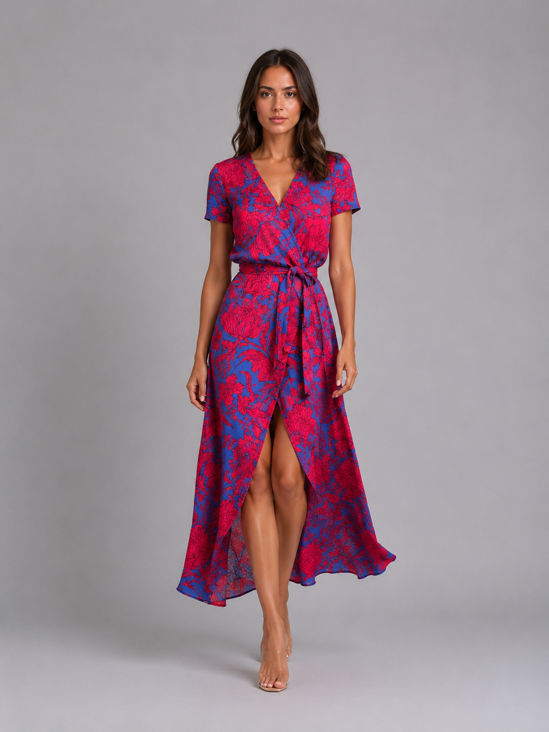 Floral Tie Waist Women's Wrap Midi Dress