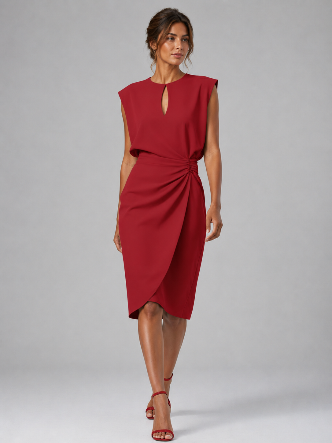 Keyhole Neck Ruched Waist Women's Midi Dress