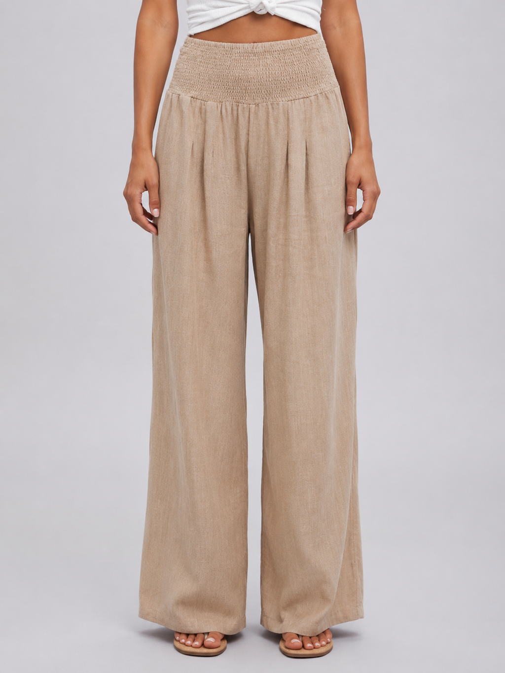 Linen Look Smocked High Waist Women's Wide Leg Trousers