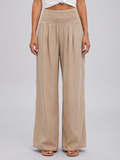 Linen Look Smocked High Waist Women's Wide Leg Trousers