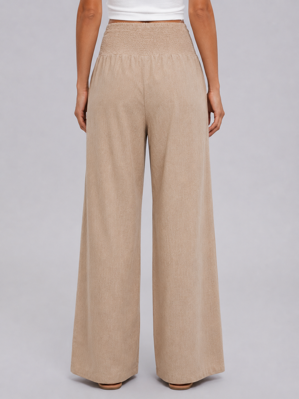 Linen Look Smocked High Waist Women's Wide Leg Trousers