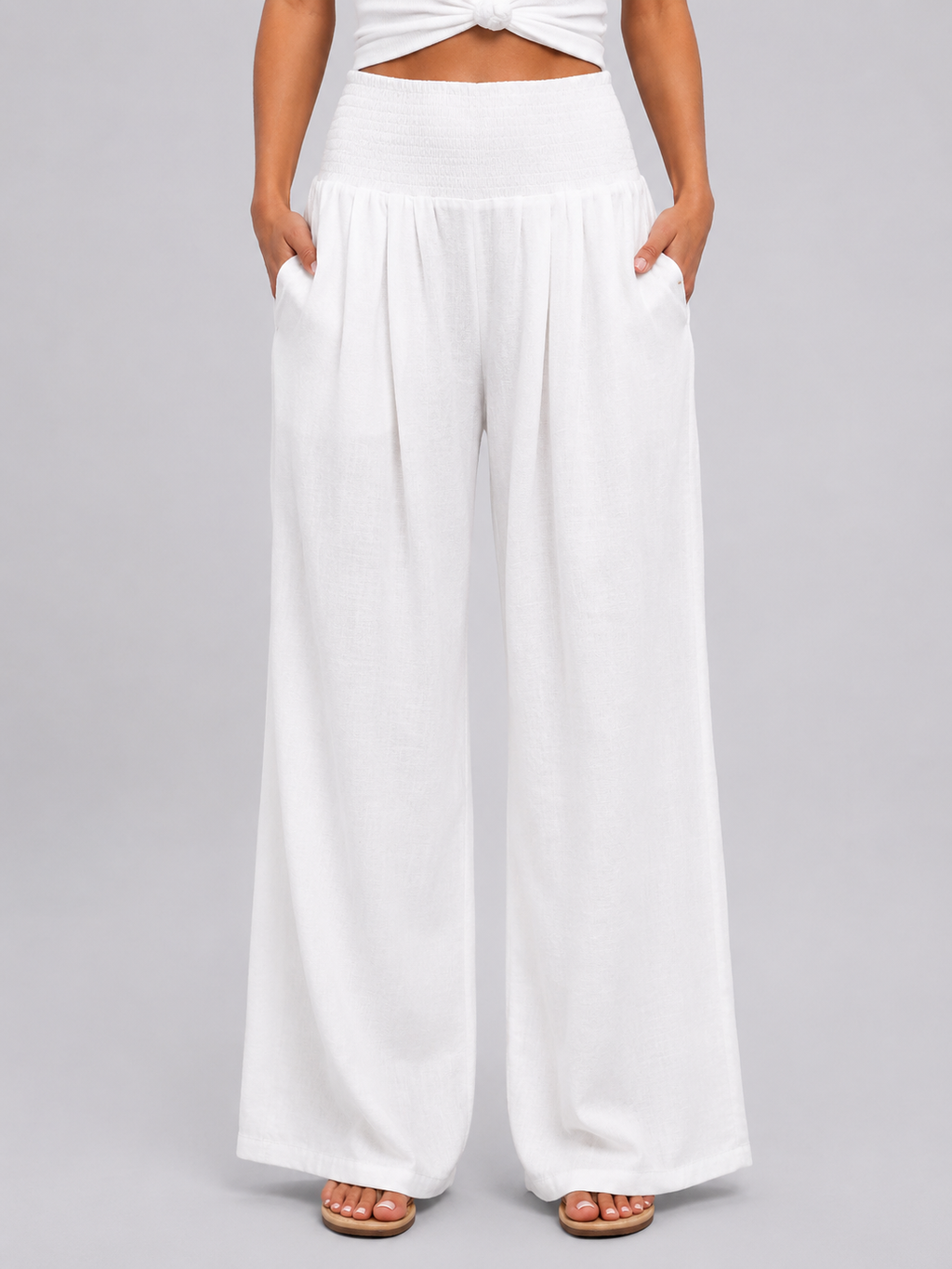Linen Look Smocked High Waist Women's Wide Leg Trousers