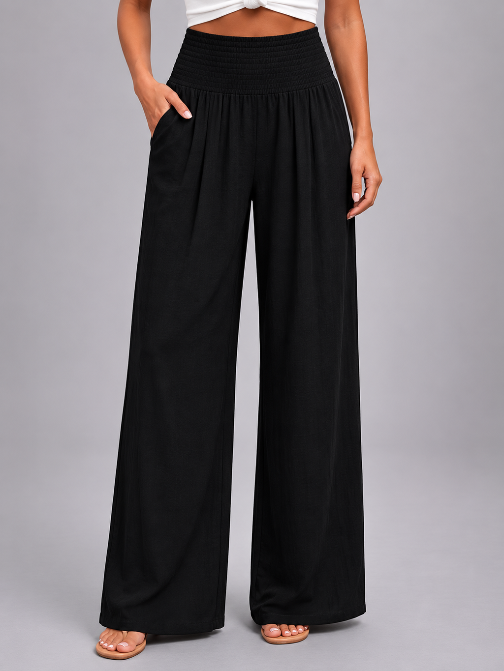 Linen Look Smocked High Waist Women's Wide Leg Trousers