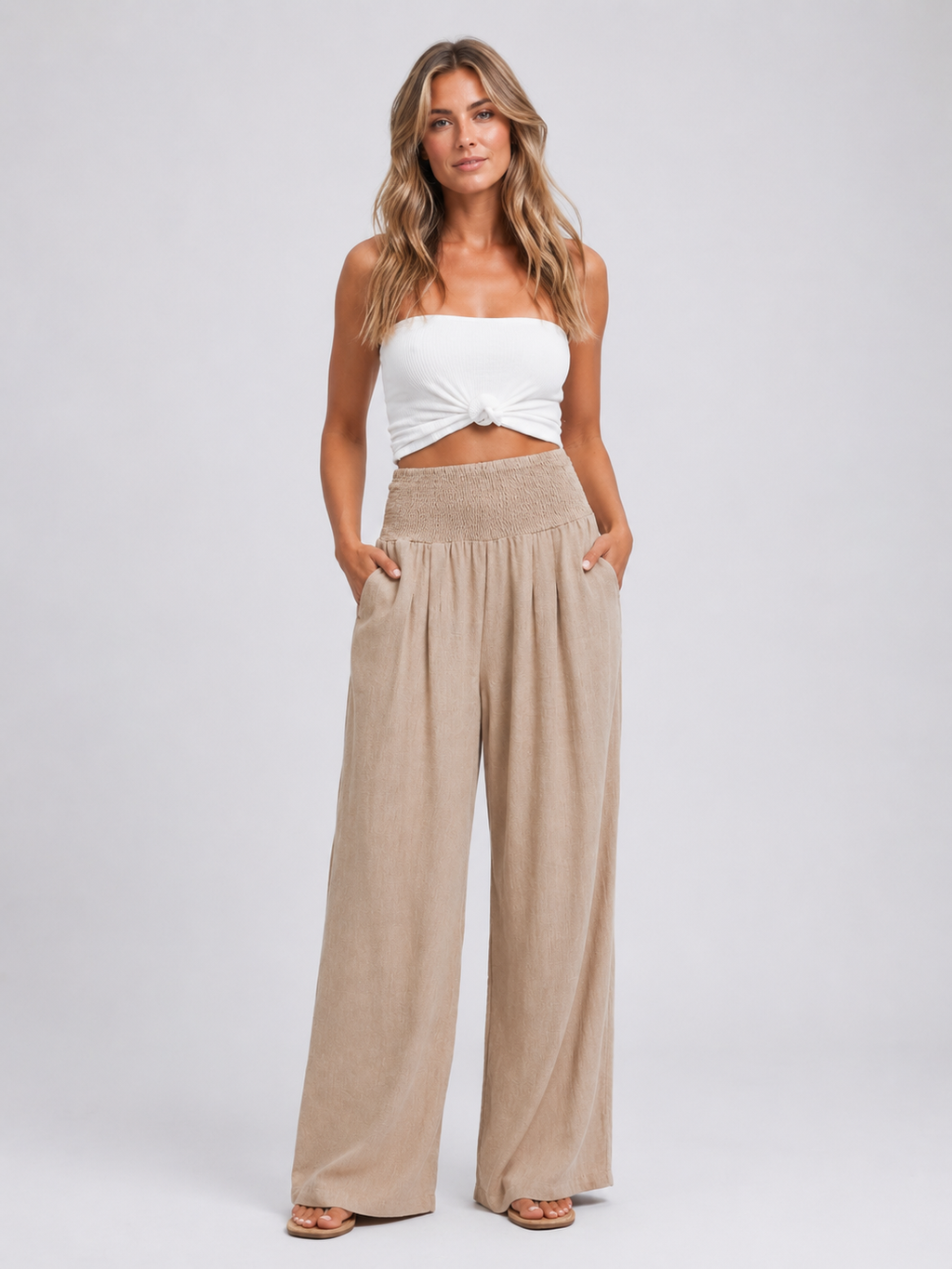 Linen Look Smocked High Waist Women's Wide Leg Trousers