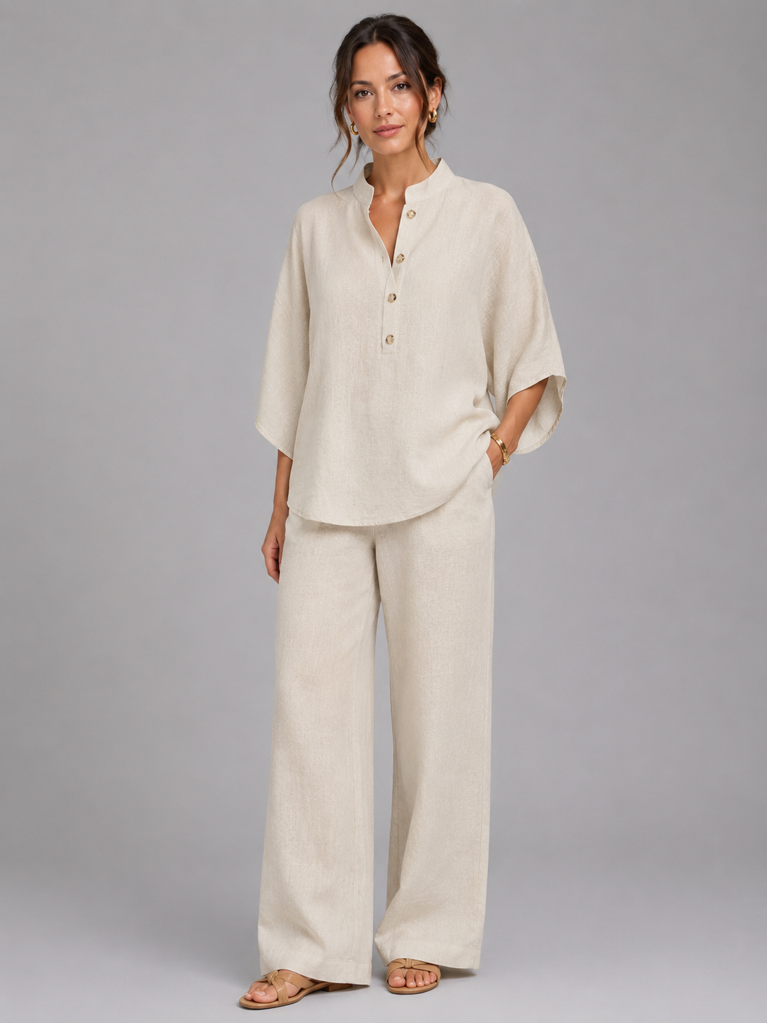 Linen Style Relaxed Wide-Leg Women's Set