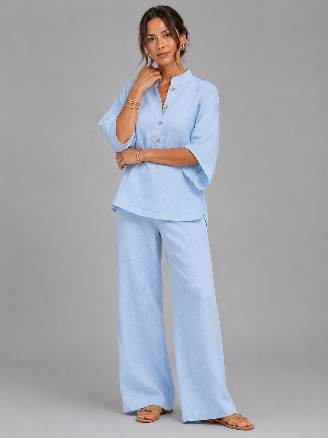 Linen Style Relaxed Wide-Leg Women's Set