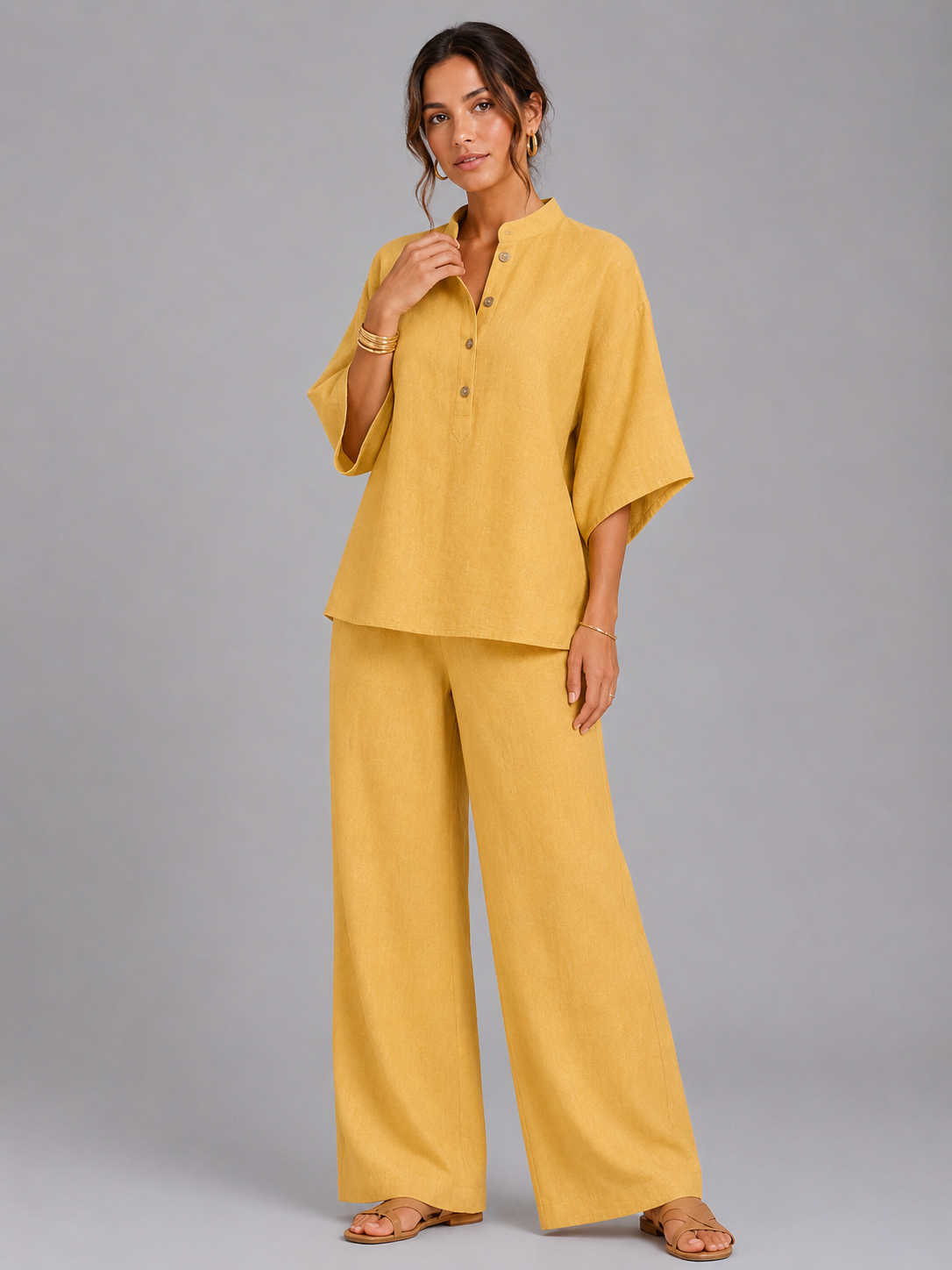 Linen Style Relaxed Wide-Leg Women's Set