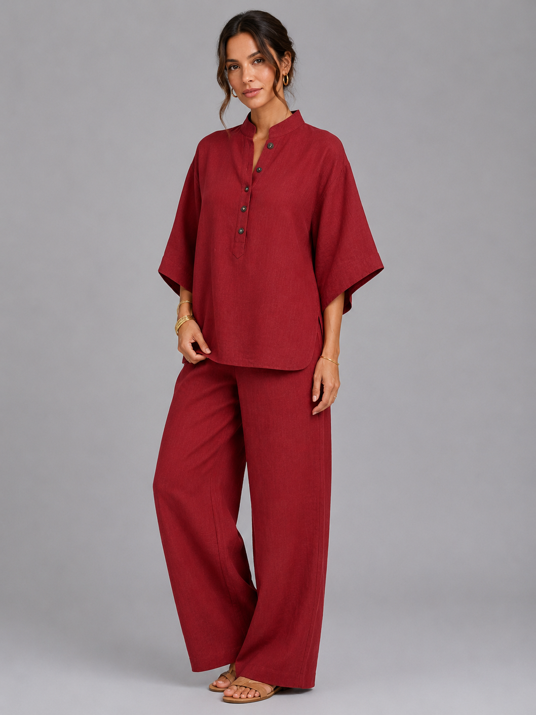 Linen Style Relaxed Wide-Leg Women's Set