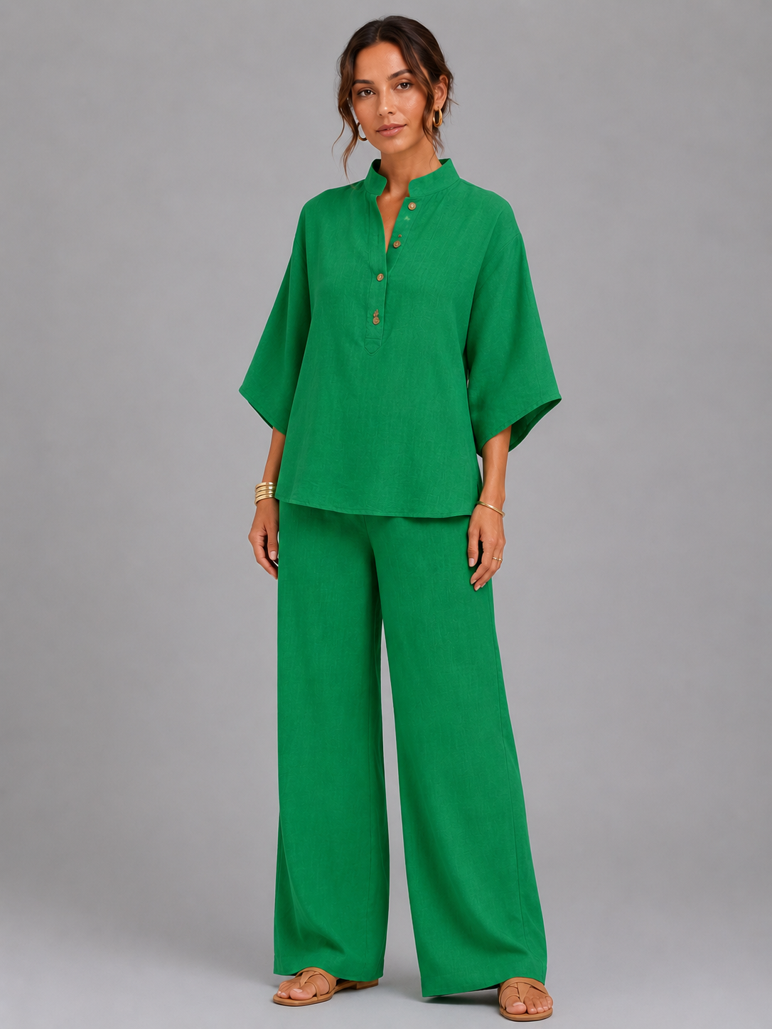 Linen Style Relaxed Wide-Leg Women's Set