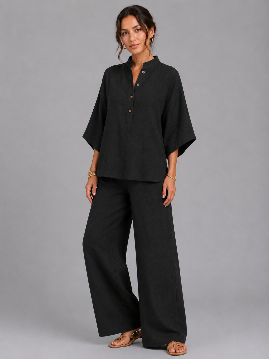 Linen Style Relaxed Wide-Leg Women's Set