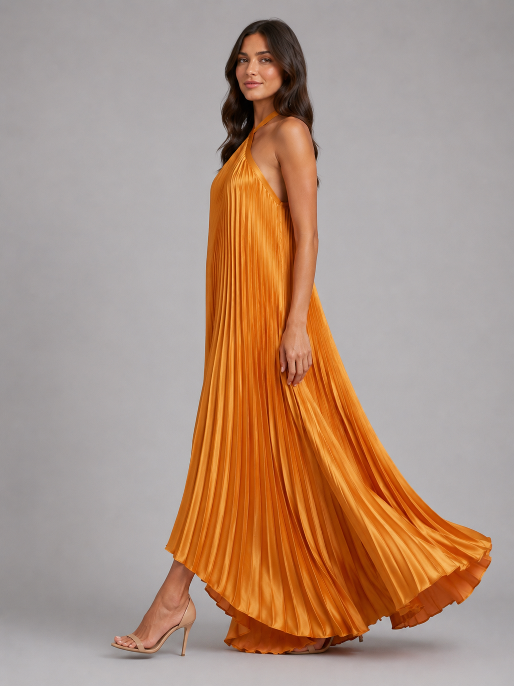 Women's Pleated Halterneck Maxi Dress