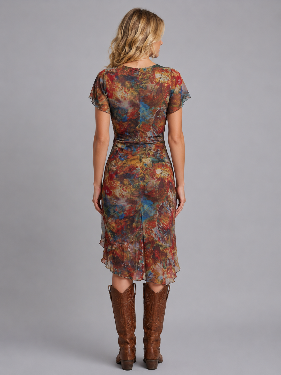 Ruffle Sleeve Ruched Women's Midi Dress