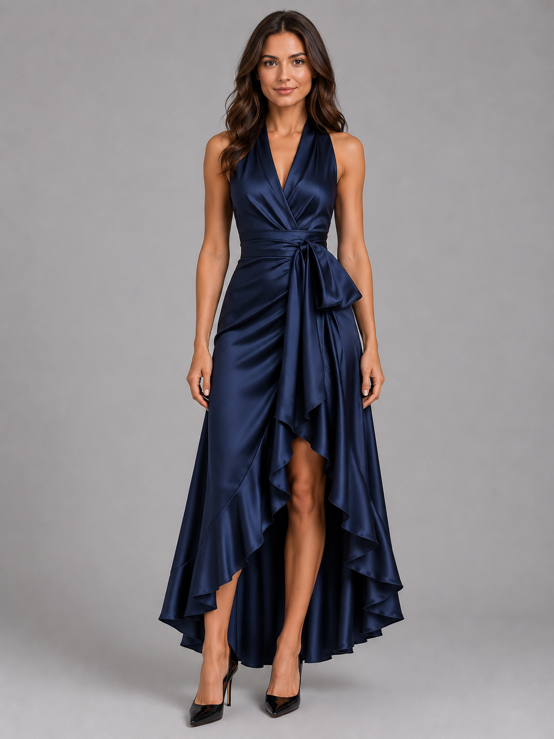 Satin Feel Ruffle Halter Women's Maxi Dress