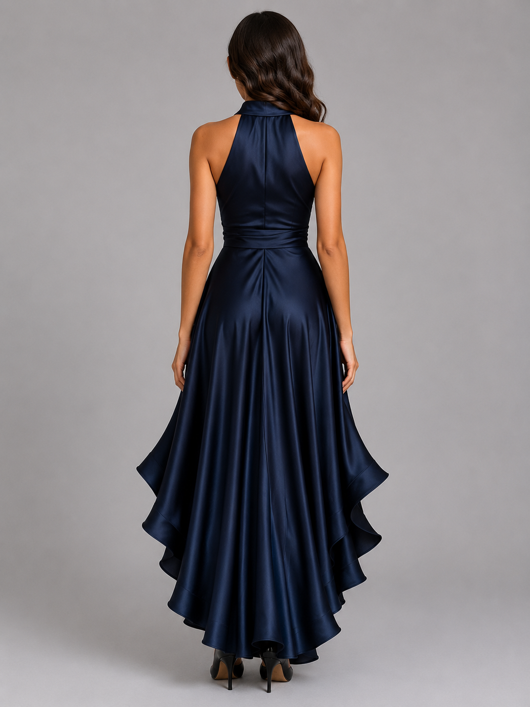 Satin Feel Ruffle Halter Women's Maxi Dress