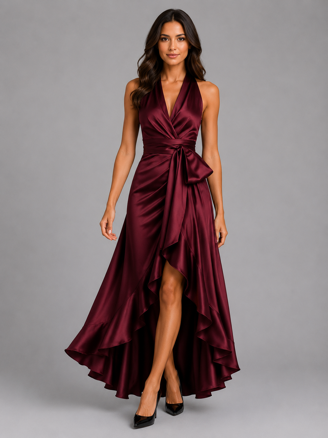 Satin Feel Ruffle Halter Women's Maxi Dress