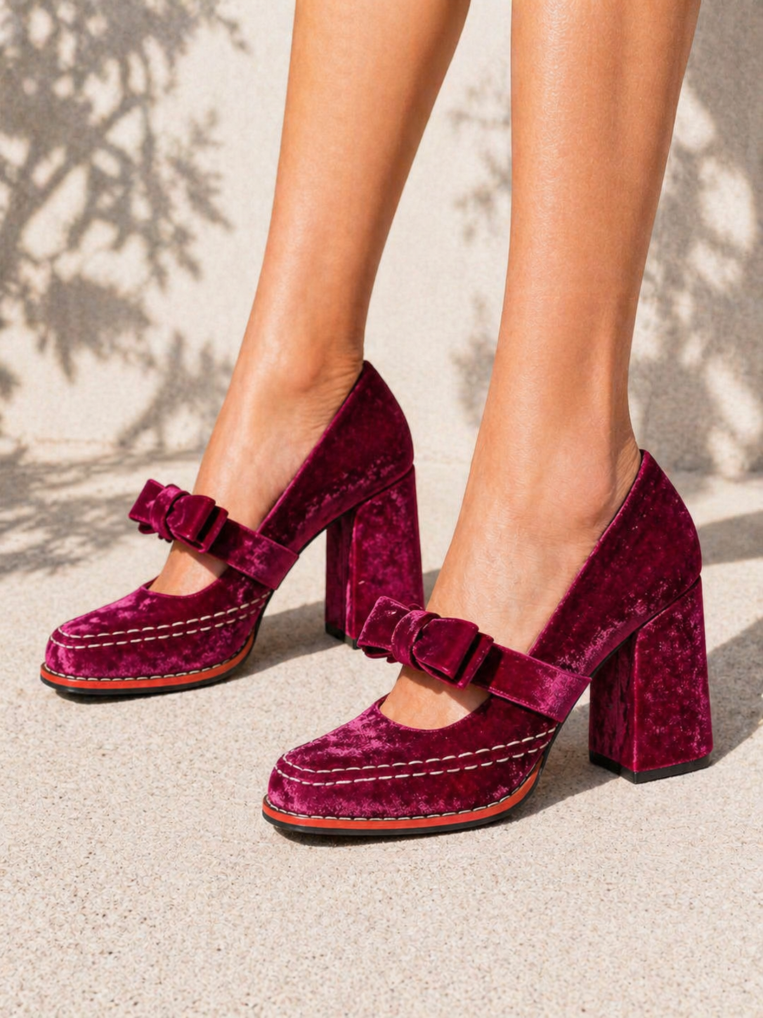 Velvet Bow Detail Women's Mary Jane Block Heels