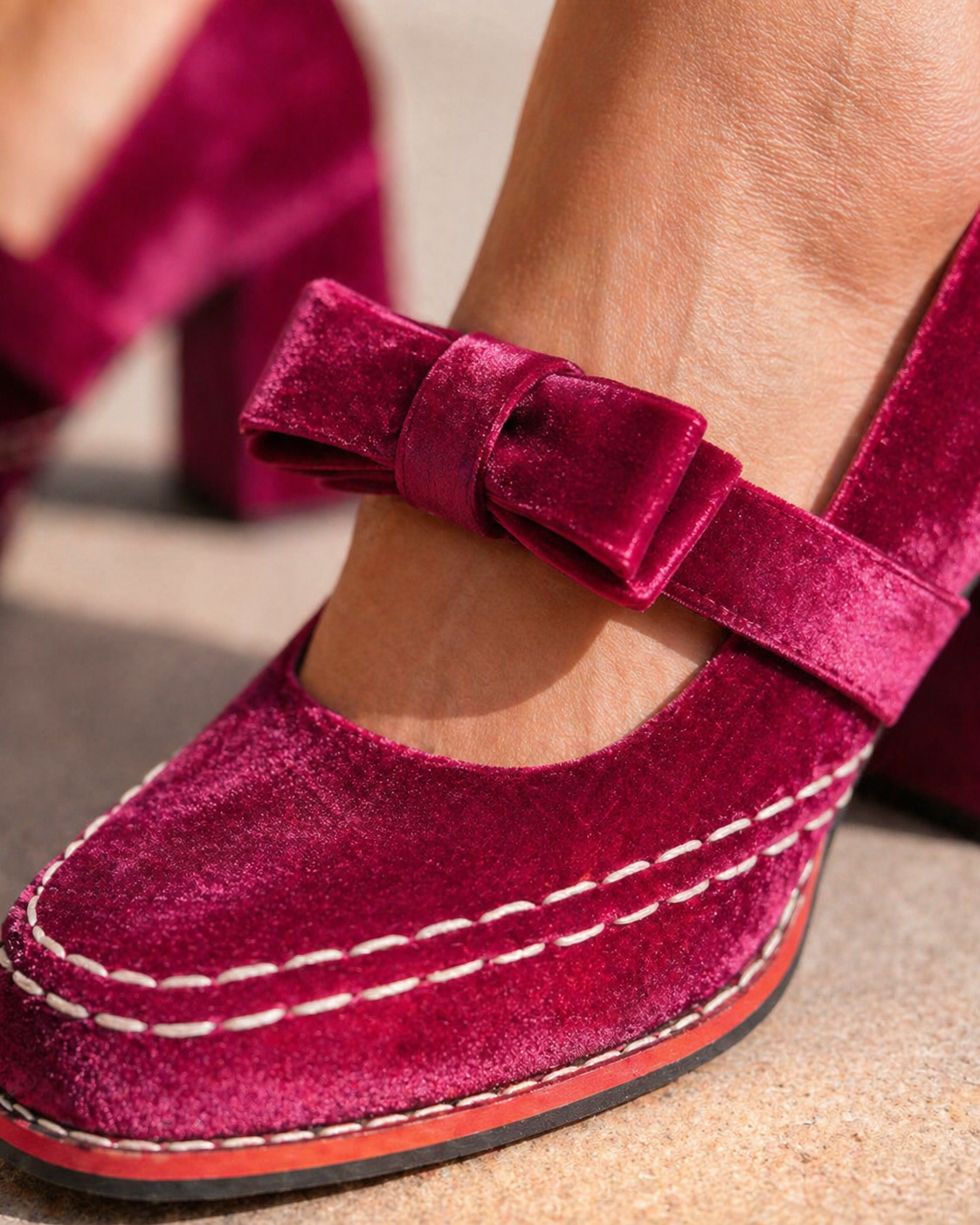 Velvet Bow Detail Women's Mary Jane Block Heels