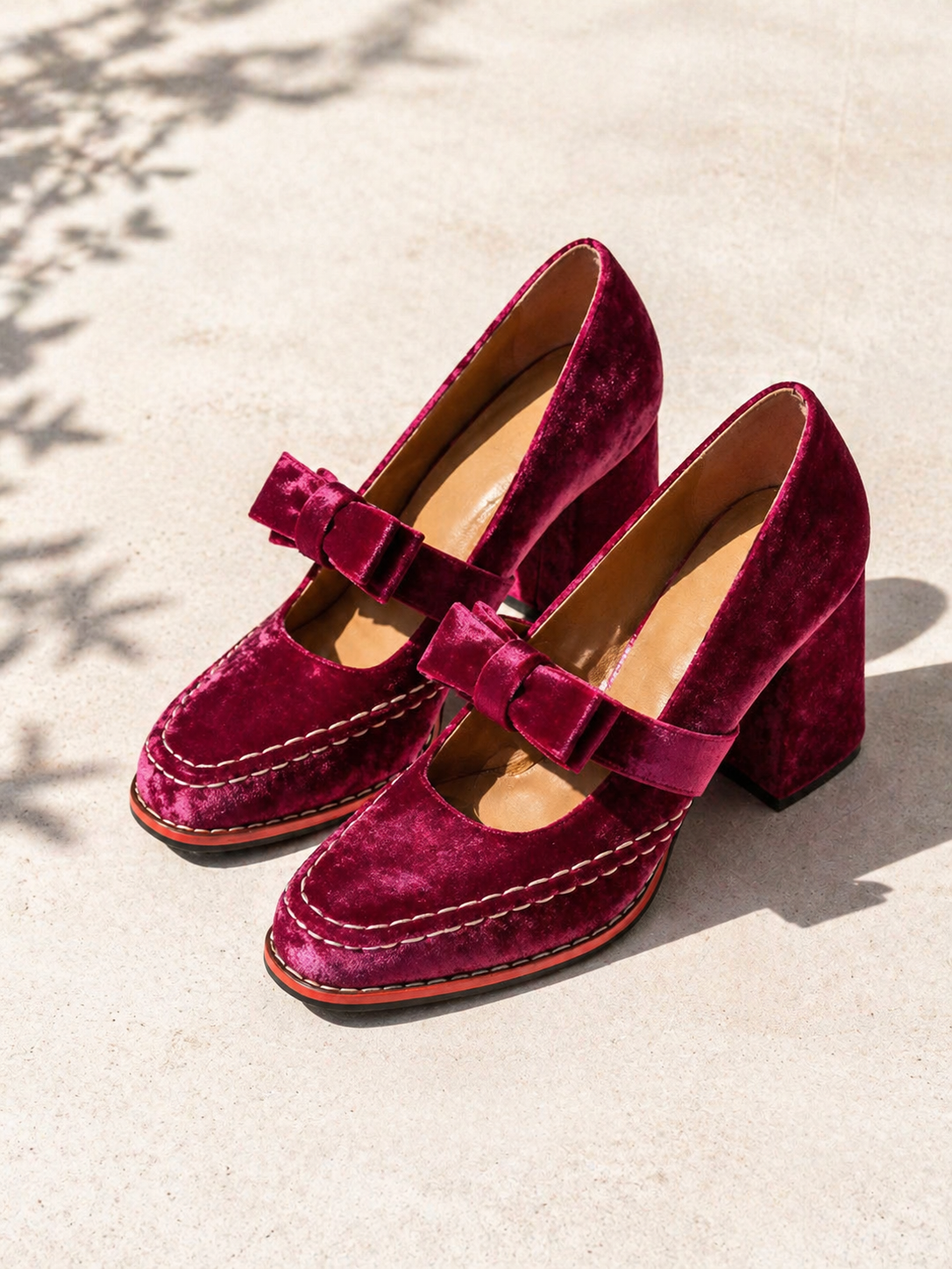 Velvet Bow Detail Women's Mary Jane Block Heels