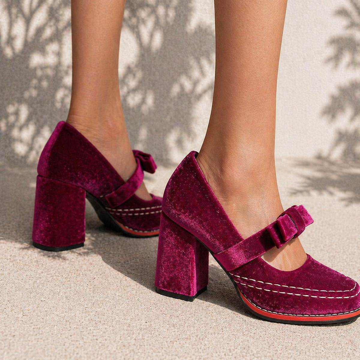 Velvet Bow Detail Women's Mary Jane Block Heels