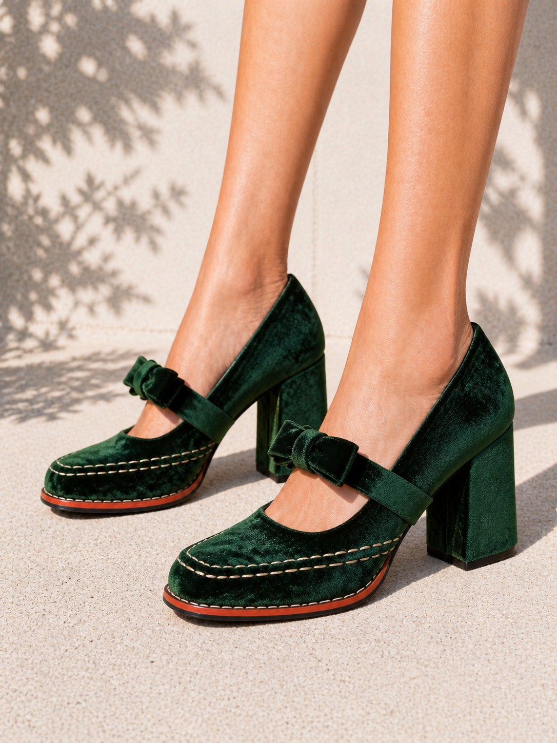 Velvet Bow Detail Women's Mary Jane Block Heels