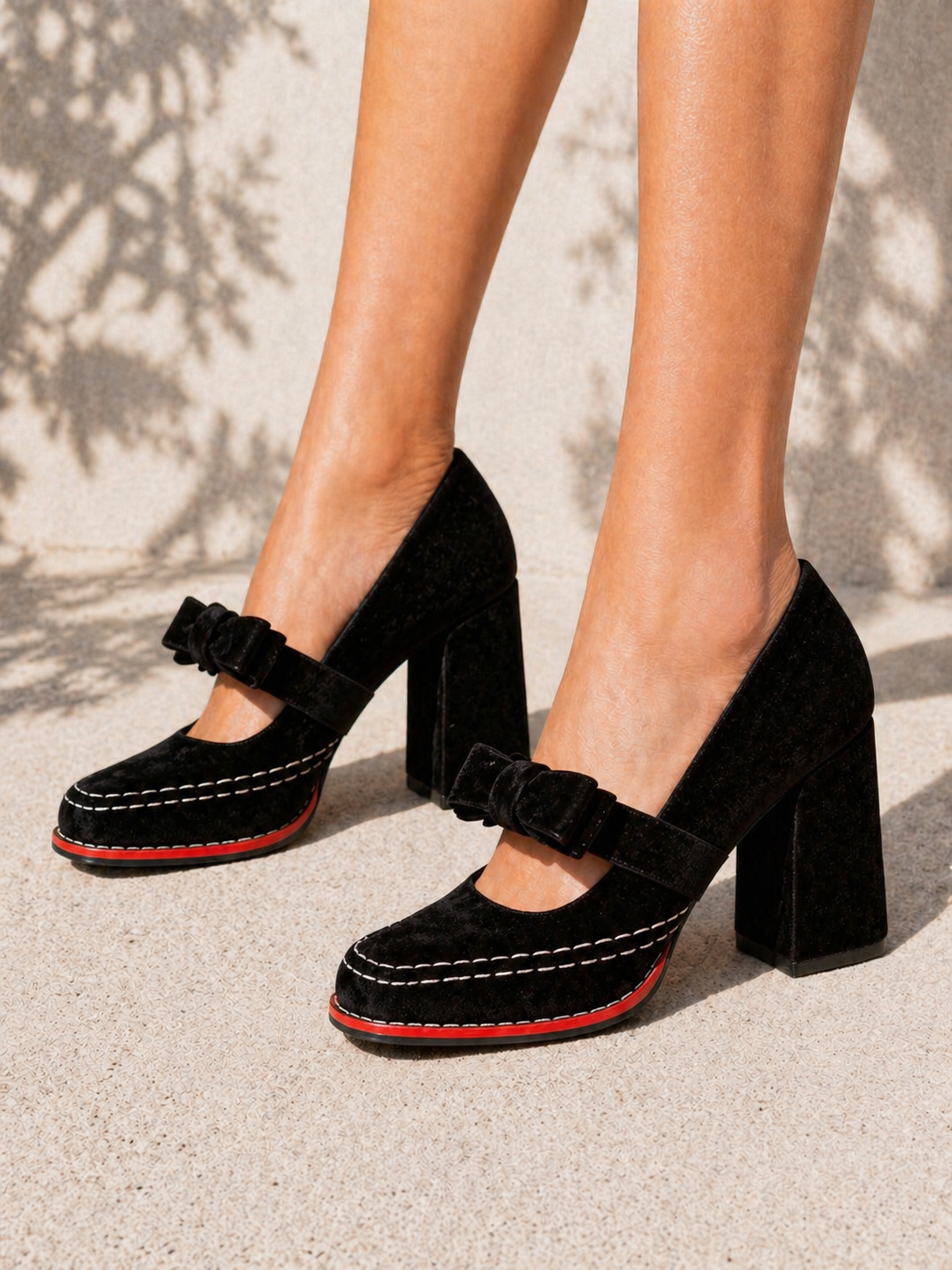 Velvet Bow Detail Women's Mary Jane Block Heels